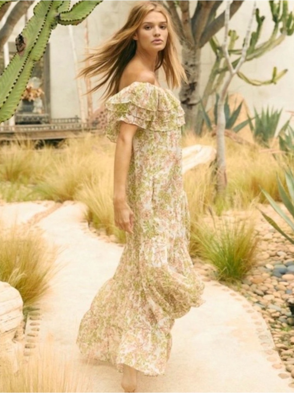 Misa Los Angeles Strapless Floral Ruffle Maxi Dress in Pink and Green